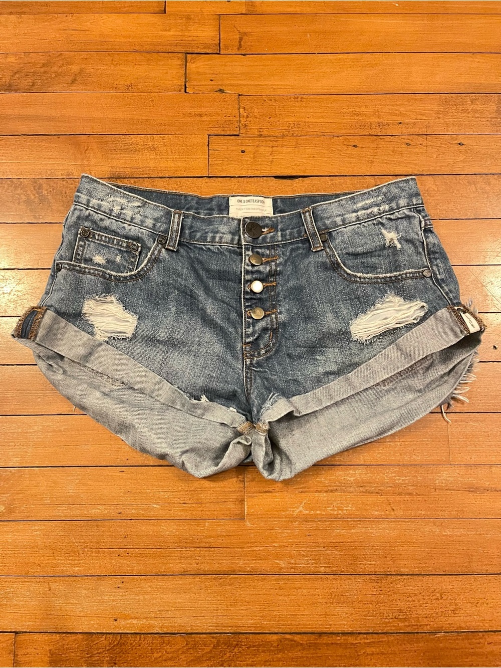 One Teaspoon Button-Front Distressed Rolled-Hem Jean Shorts - Blue